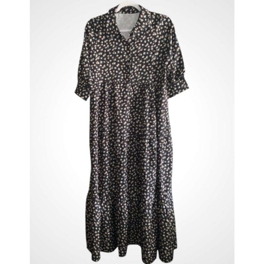 Prairie Midi Short Sleeve Peach & White Floral Black Dress L
